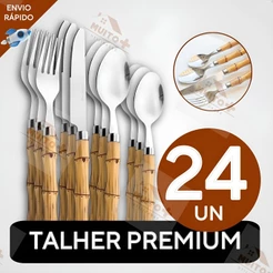 Jogo de Talheres 24 Peças Facas Garfos Colher e Colheres de Sobremesa Em Aço Inox de Cabo Plástico Bambu
