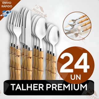 Jogo de Talheres 24 Peças Facas Garfos Colher e Colheres de Sobremesa Em Aço Inox de Cabo Plástico Bambu em Oferta na Shopee