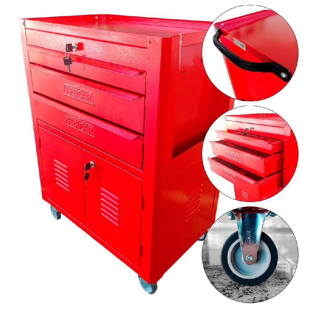 Carrinho Fechado Para Ferramentas 3 Gavetas Todo Vermelho (C-06) - Fercar em Oferta na Shopee