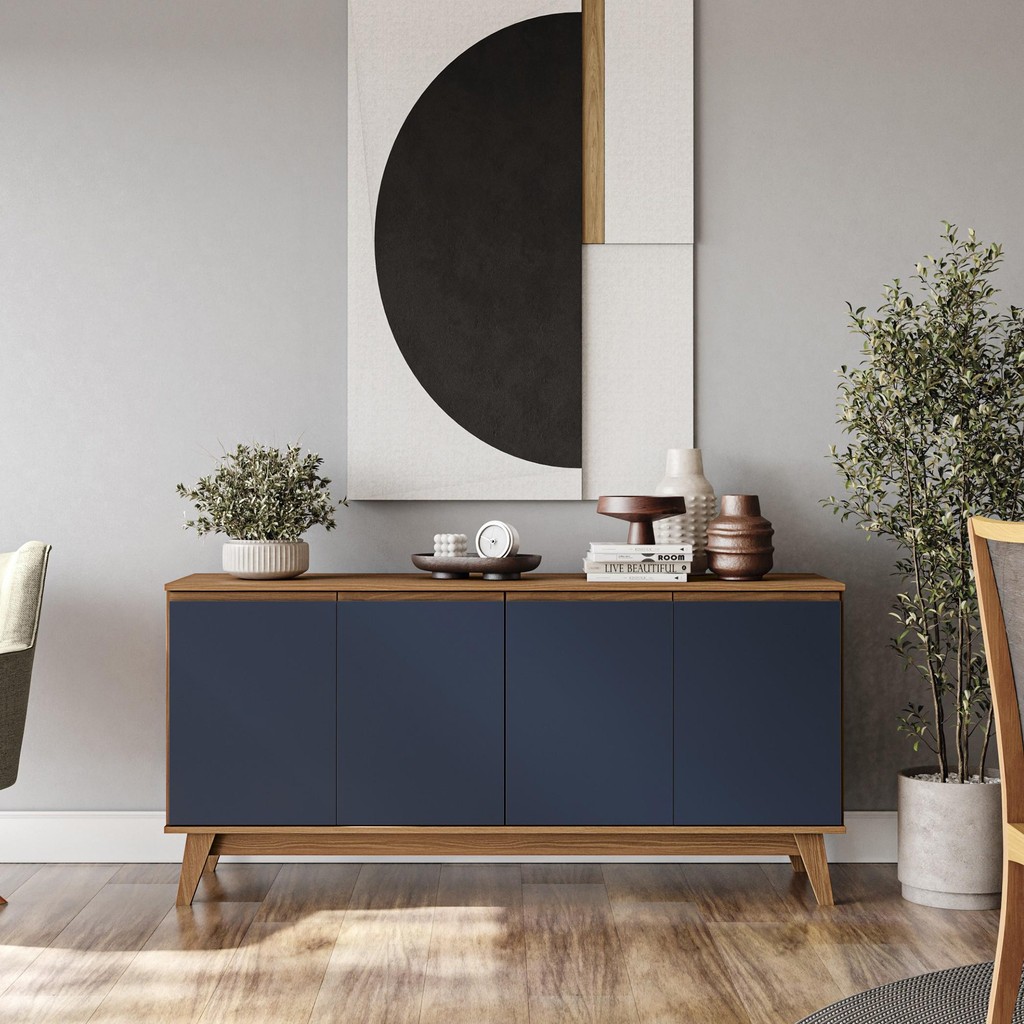 Aparador Kappesberg 4 Portas Canela/Azul 156cm - Home & Living