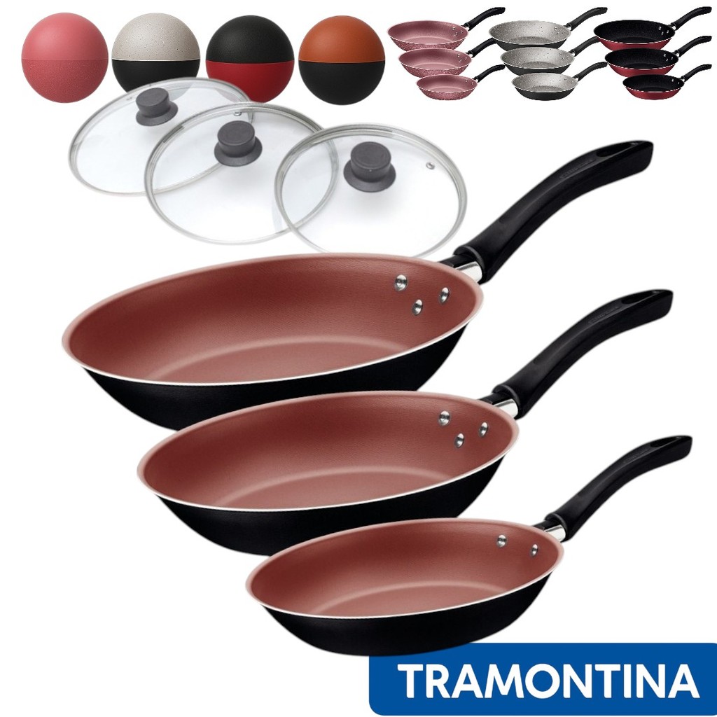 Jogo de Frigideiras Tramontina Antiaderente Linz Com Tampa de Vidro Temperado - 3 Peças em Oferta na Shopee