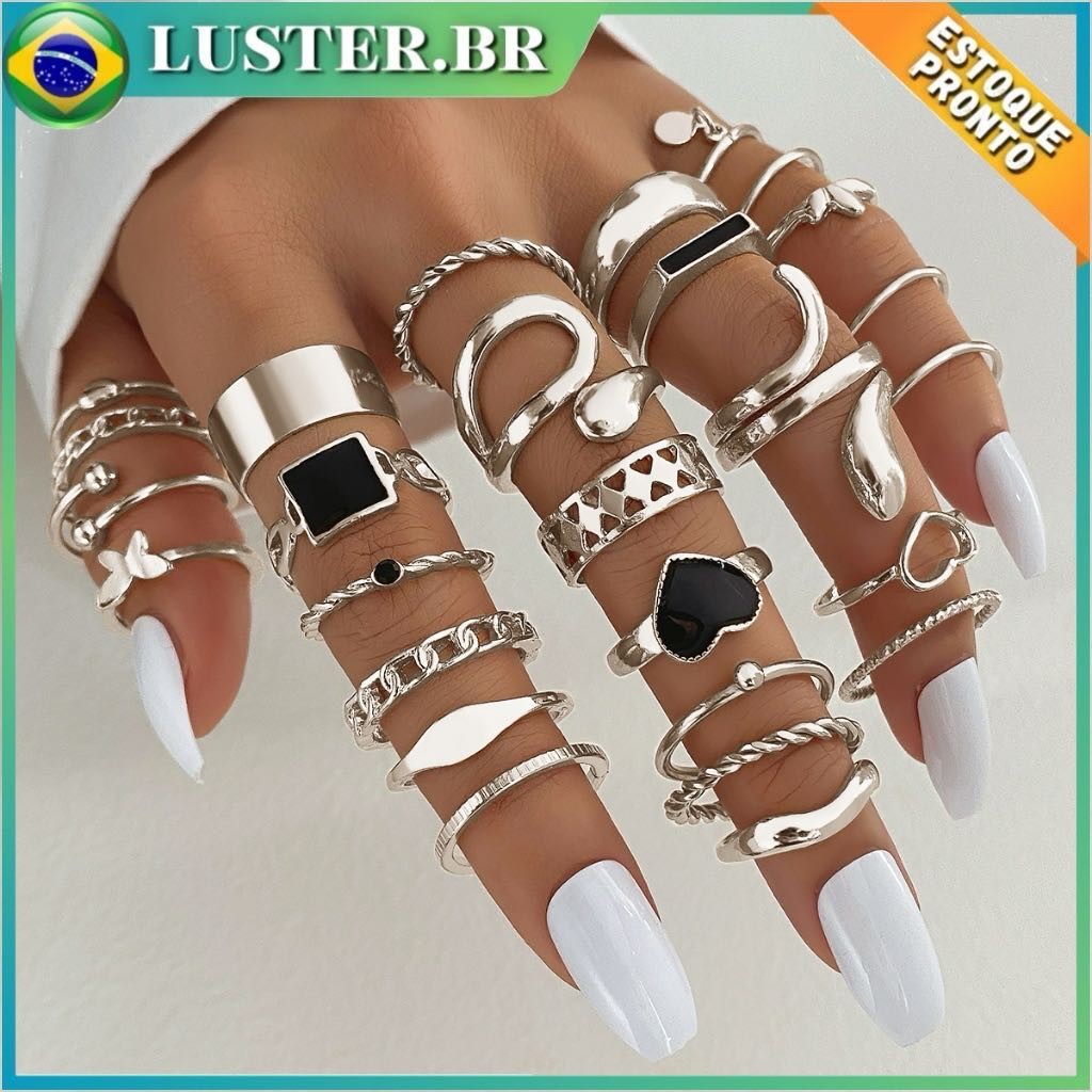 Conjunto de 27 anéis de aço inoxidável para mulheres com designs vazados, de cobra, de borboleta e de coração