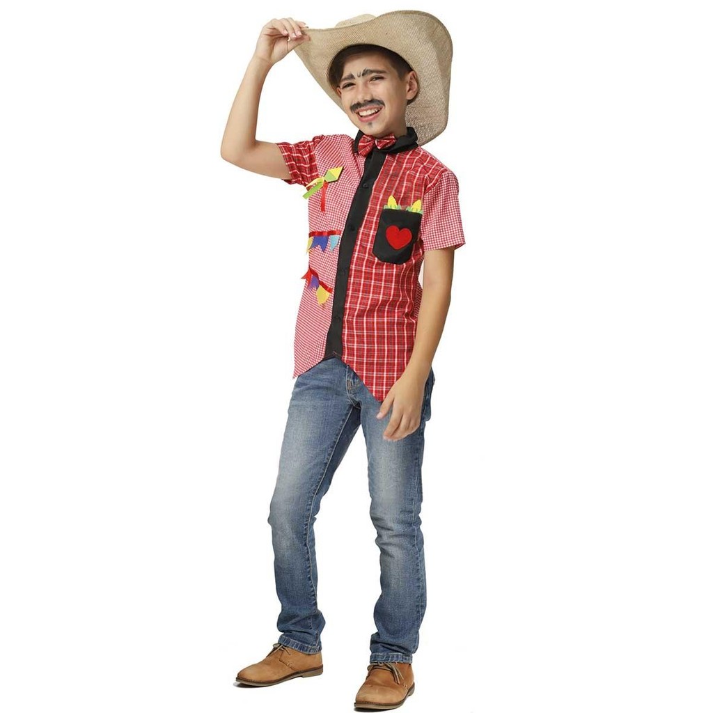 Camisa Infantil de Festa Junina Xadrez Vermelha Manga Curta Roupa Caipira Pra Menino
