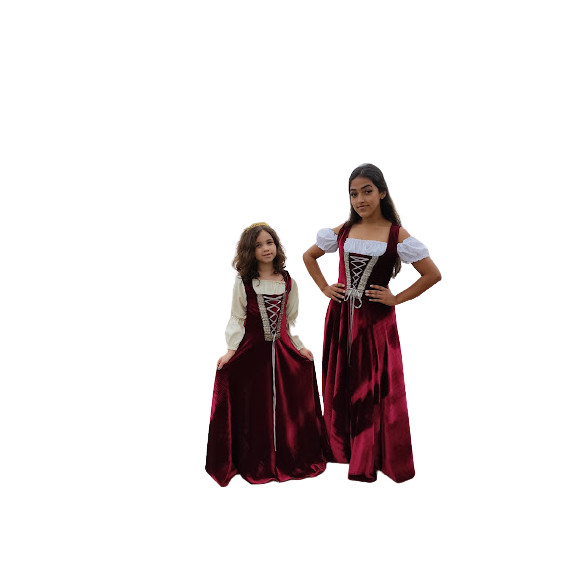 Vestido medieval camponesa mãe e filha luxuoso bordo