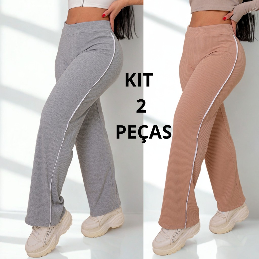 KIT 2 Calça Feminina Canelada com Detalhe Branco Lateral Confortável Casual em Algodão e Elastano