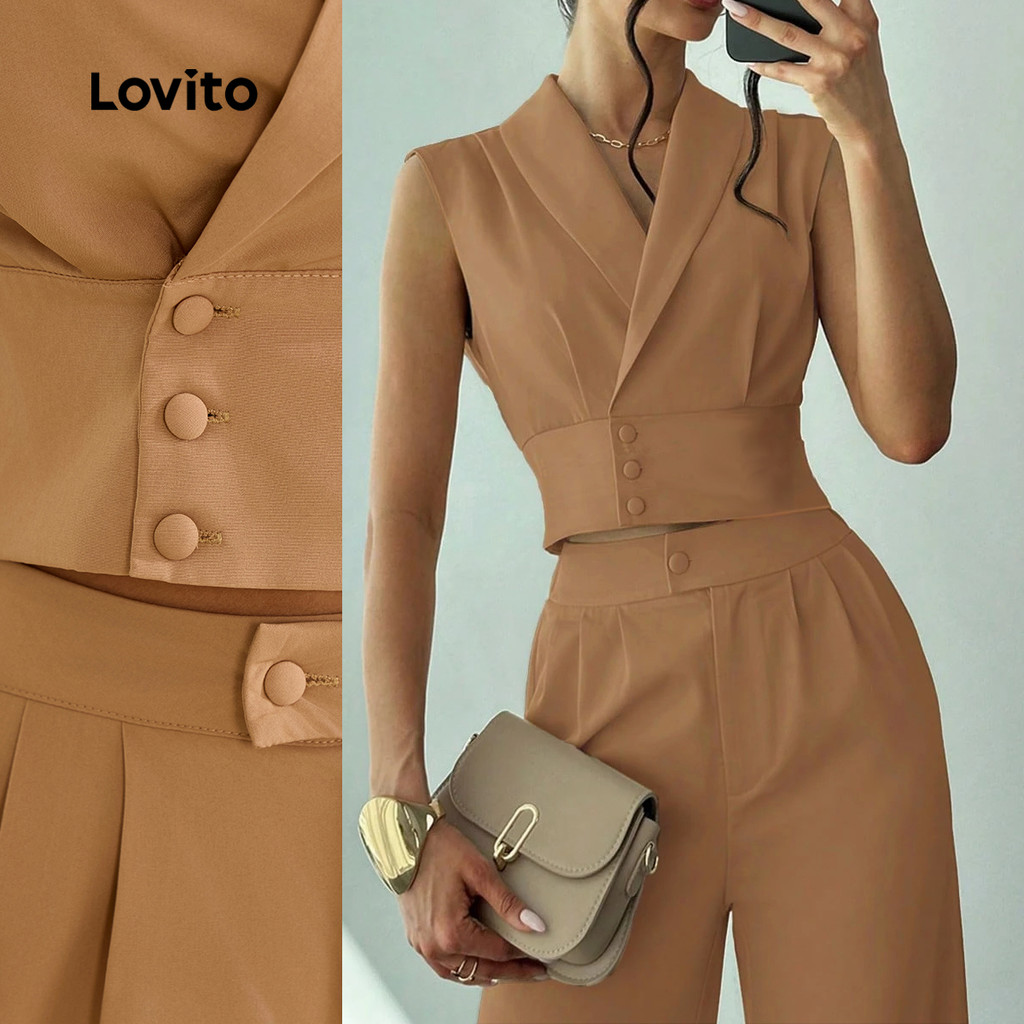 Lovito Elegante Simples Botão Duplo Tecido Costura Tops Ou Calças Plissadas Para Mulheres LBL24447 - Women Clothes