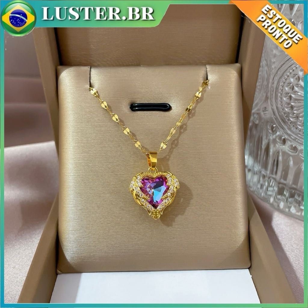 Colar de cristal Coração do Oceano,acessórios de moda em aço joias femininas sem desbotamento, luz, temperamento de luxo
