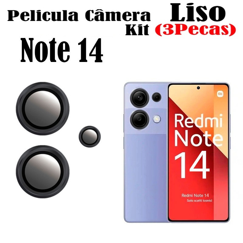 KIT(3 Pecas )Película De Câmera Liso Redmi Note 14(4G)/Note 14(5G) Com Anel De Metal Protetors De Lentes Vidro Temperado