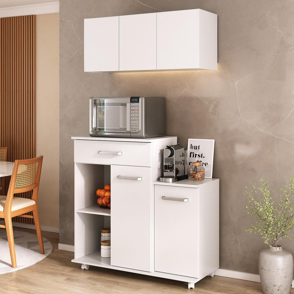 Kit Armário de Cozinha 93cm com Balcão Multiuso para Micro-ondas Multimóveis MP2282 em Oferta na Shopee