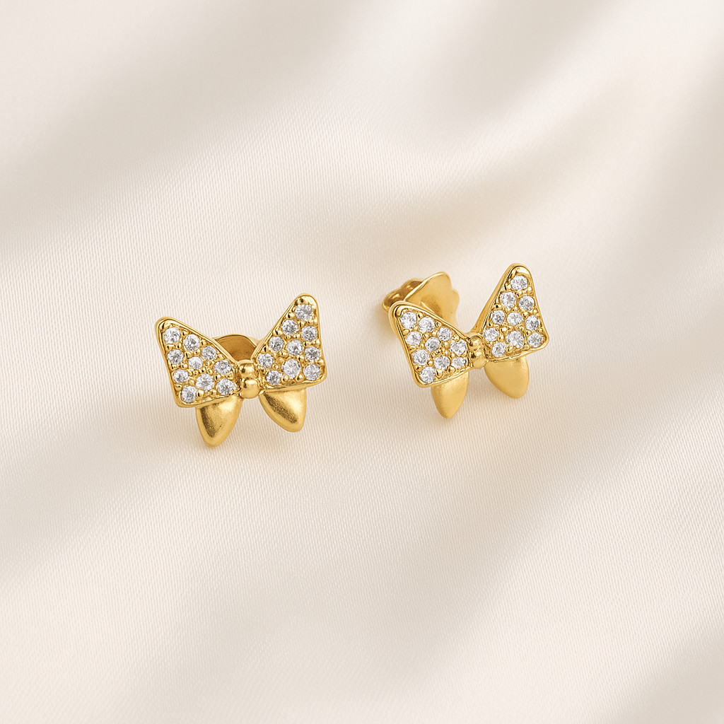Brinco Elegante Laço Cravejado com Pedras Semijoia com Banho de Ouro 18k e Garantia