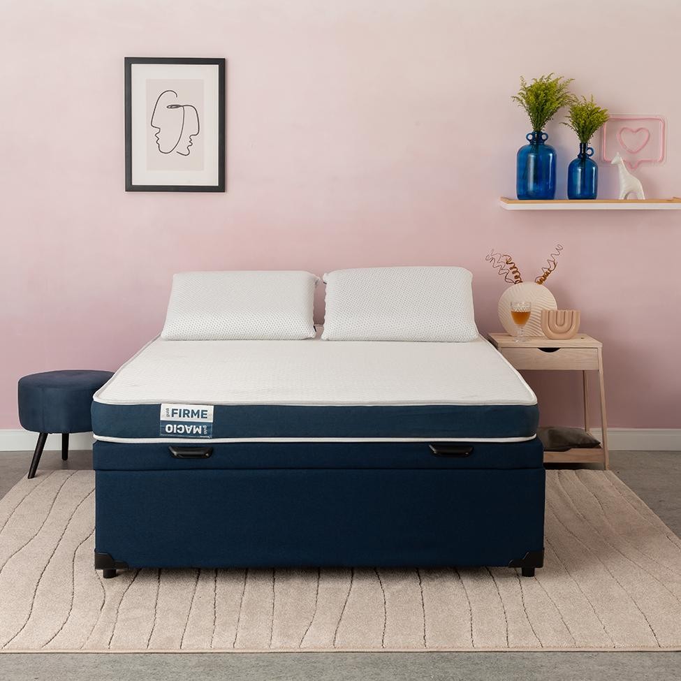 Cama Box Baú com Colchão Casal Guldi Duplo Plus D28 e 2 Travesseiros Guldi Soft Nasa Azul e Branco