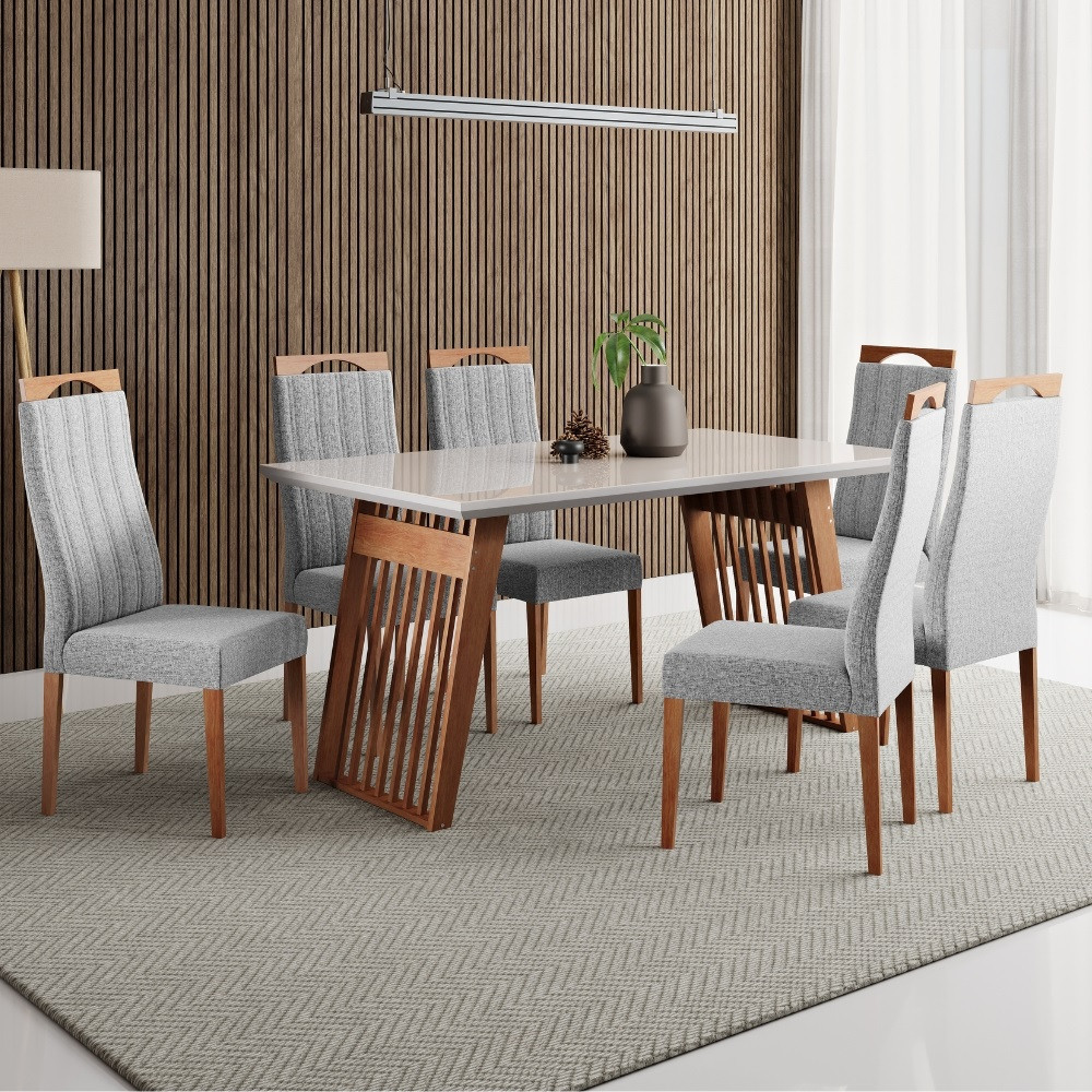 Conjunto Sala de Jantar Moscou com Tampo de Vidro e 6 Cadeiras Grecia Madetal - Home & Living