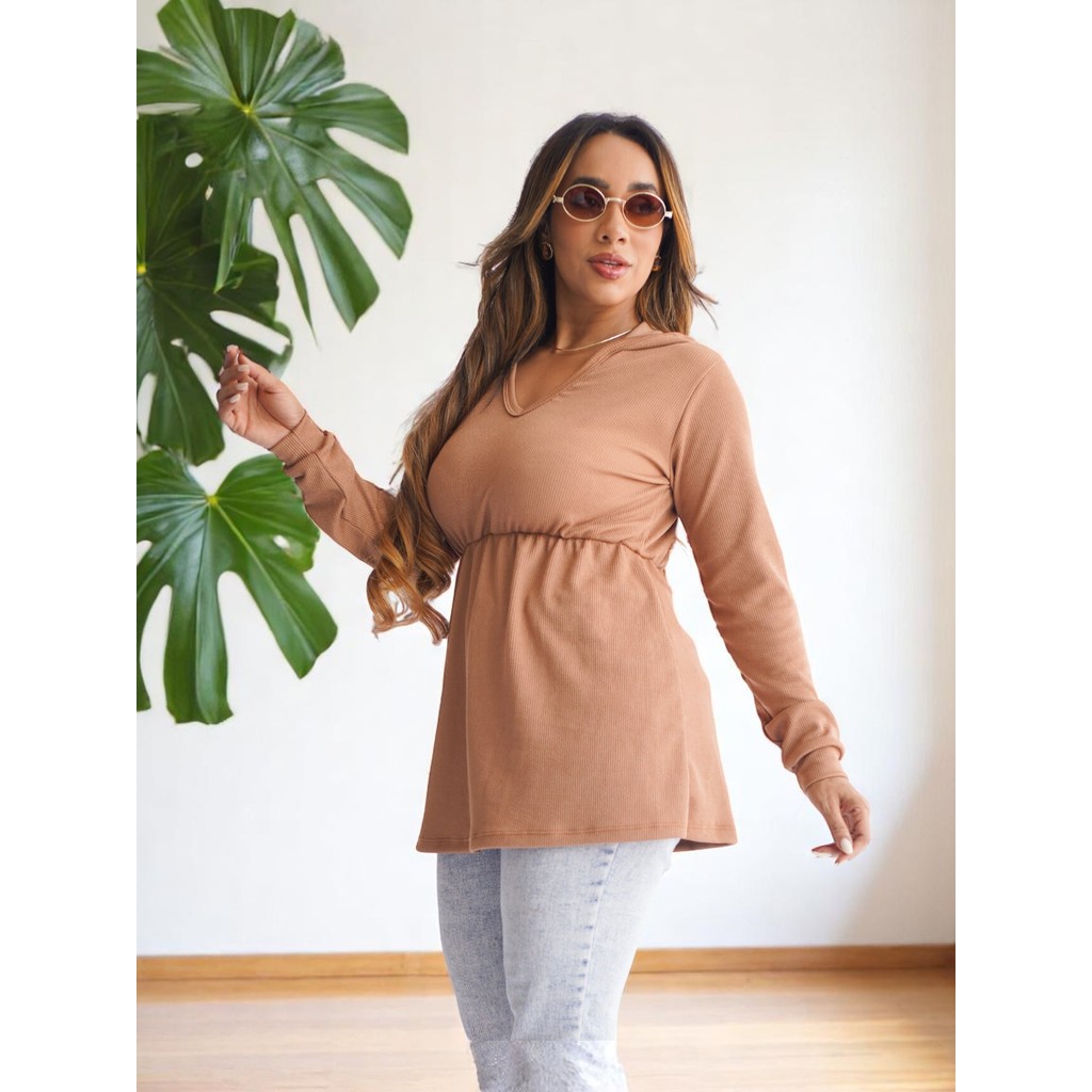Blusa Bata Comprida Canelada Acinturada Com Capuz REF: 263