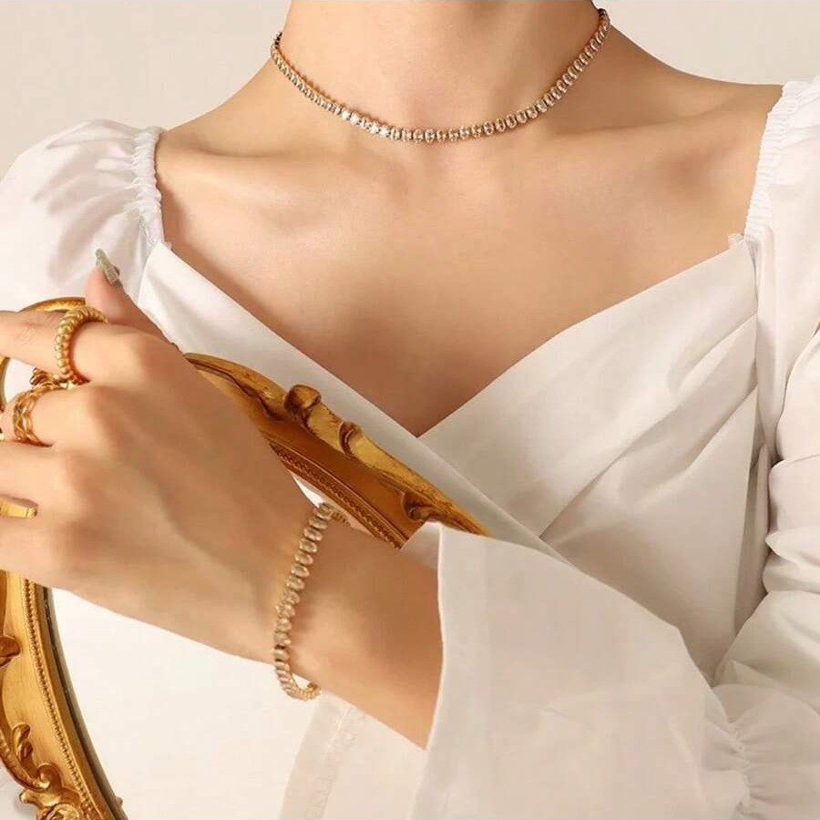 Conjunto de colar e pulseira de cristal feminino Riviera, colar com acessórios femininos banhados a ouro 18K