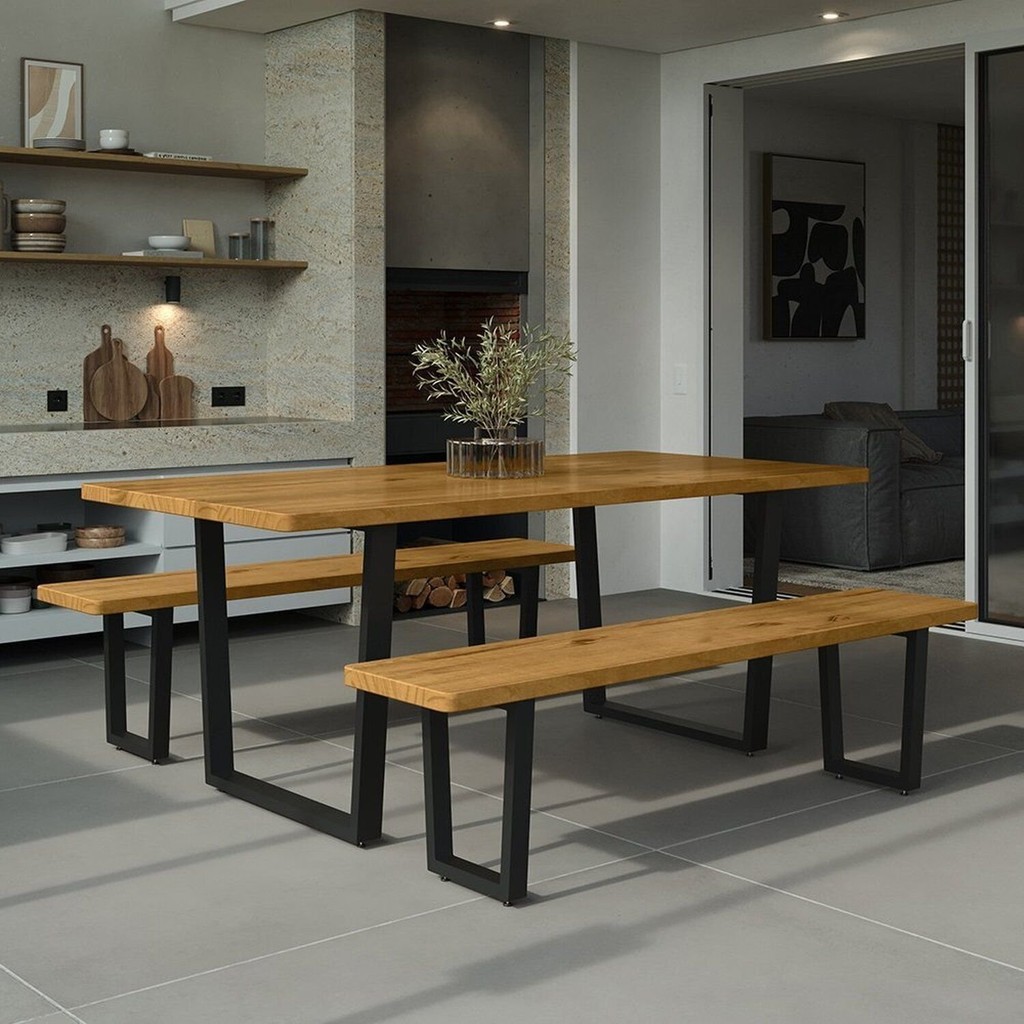 Conjunto Mesa de Jantar 200cm Retangular 2 Bancos em Ferro e Madeira Maciça Savannah Espresso Móveis em Oferta na Shopee