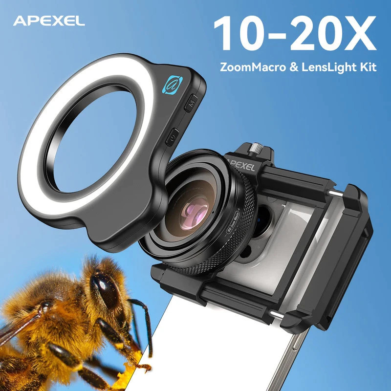 Lente macro HD com zoom APEXEL10-20X e luz de preenchimento LED para todos os smartphones