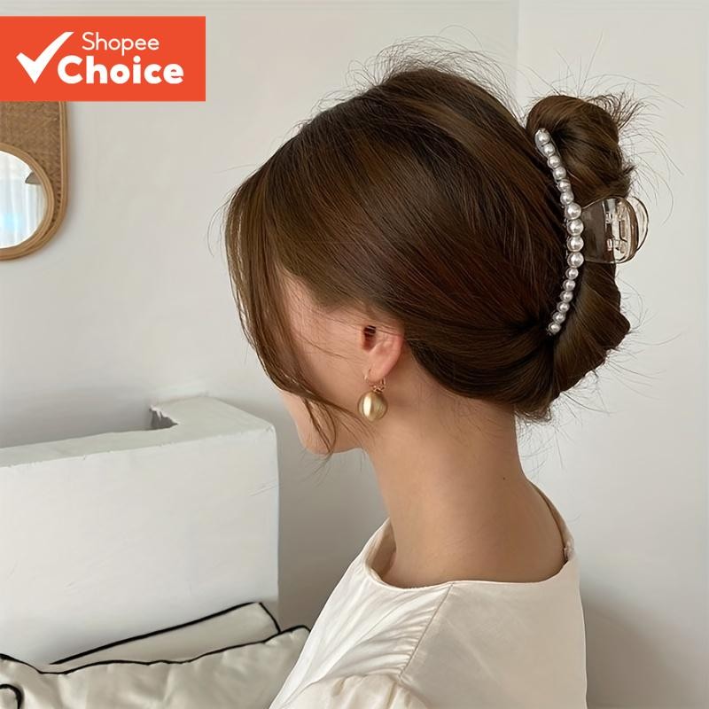 Garra Plástica De Cabelo Pérola Para Mulheres Bun Shark Clip Costas Da Cabeça Adequada Lin...