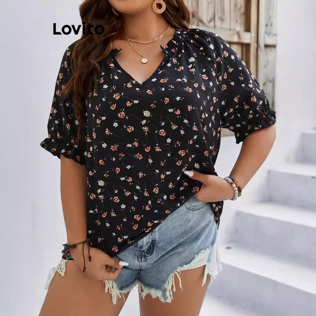 (Trendy) Lovito Blusa Casual Curva Plus Size Ditsy Floral Babado Blusa Verão/Primavera Para Mulheres LNL75361 - Women Clothes