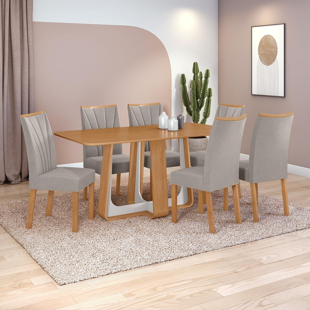 Conjunto Sala de Jantar Mesa Easy Pop 170x90cm Tampo MDF com 6 Cadeiras Confort Veludo Amêndoa/Off em Oferta na Shopee