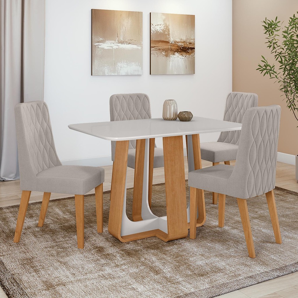 Conjunto Sala de Jantar Mesa Easy Pop 120x80cm Tampo Vidro/MDF com 4 Cadeiras Seat Veludo Liso Capuccino Amendoa/off