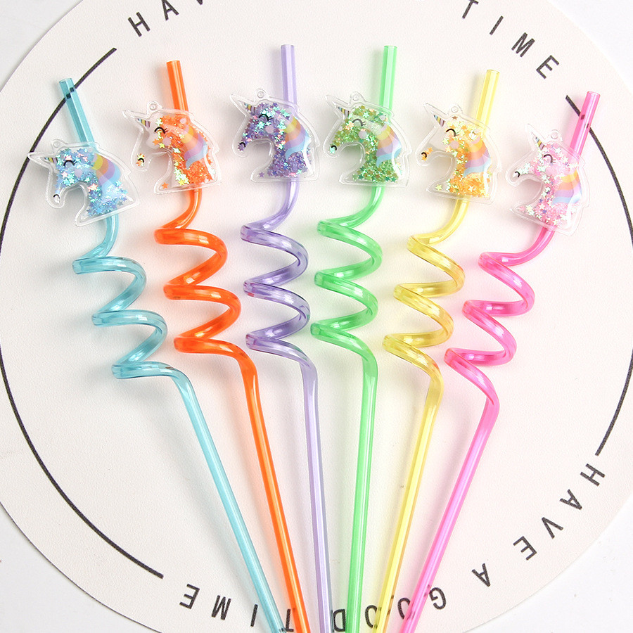 Canudos De Unicórnio Fofos De Desenho Animado , Acessórios De Decoração De Festa , Palha Espiral De Plástico De Qualidad