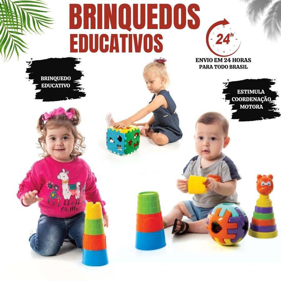 Kit Brinquedos Educativos Girafa+ Torre + Bola Didatica + Cubo Didático com Peças para Encaixar