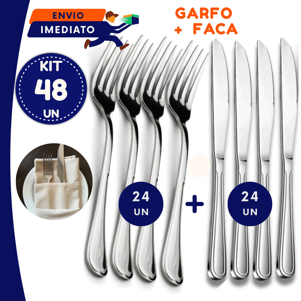 Faqueiro Inox Elegante Talheres Resistentes Para Cozinha Garfo Faca 12 24 48 Unidades