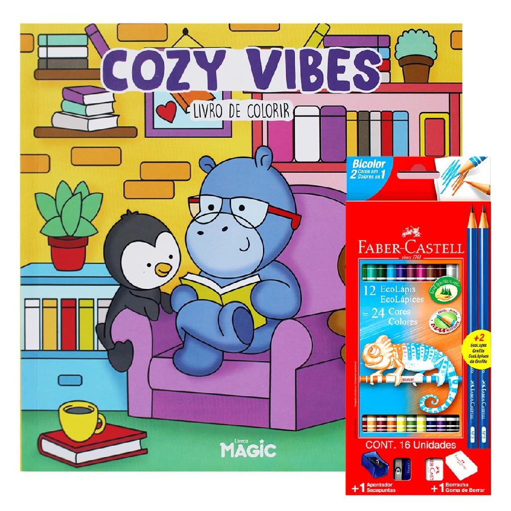 Kit De Colorir Livro Cozy Vibes Com Lápis De Cor Faber-castell Entretenimento Educativo Magic Kids Sucesso No Tiktok