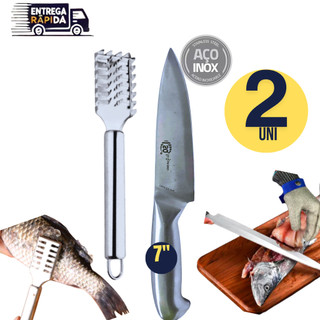 Combo Faca Peixeira + Escamador Inox | Ideal para Limpeza Completa de Peixes | Limpador Descamador Raspador de Peixe