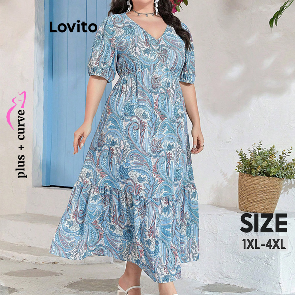 Lovito Vestido Curva Plus Size Casual Paisley Vestido Em Camadas Para Mulheres LNL79045 - Women Clothes