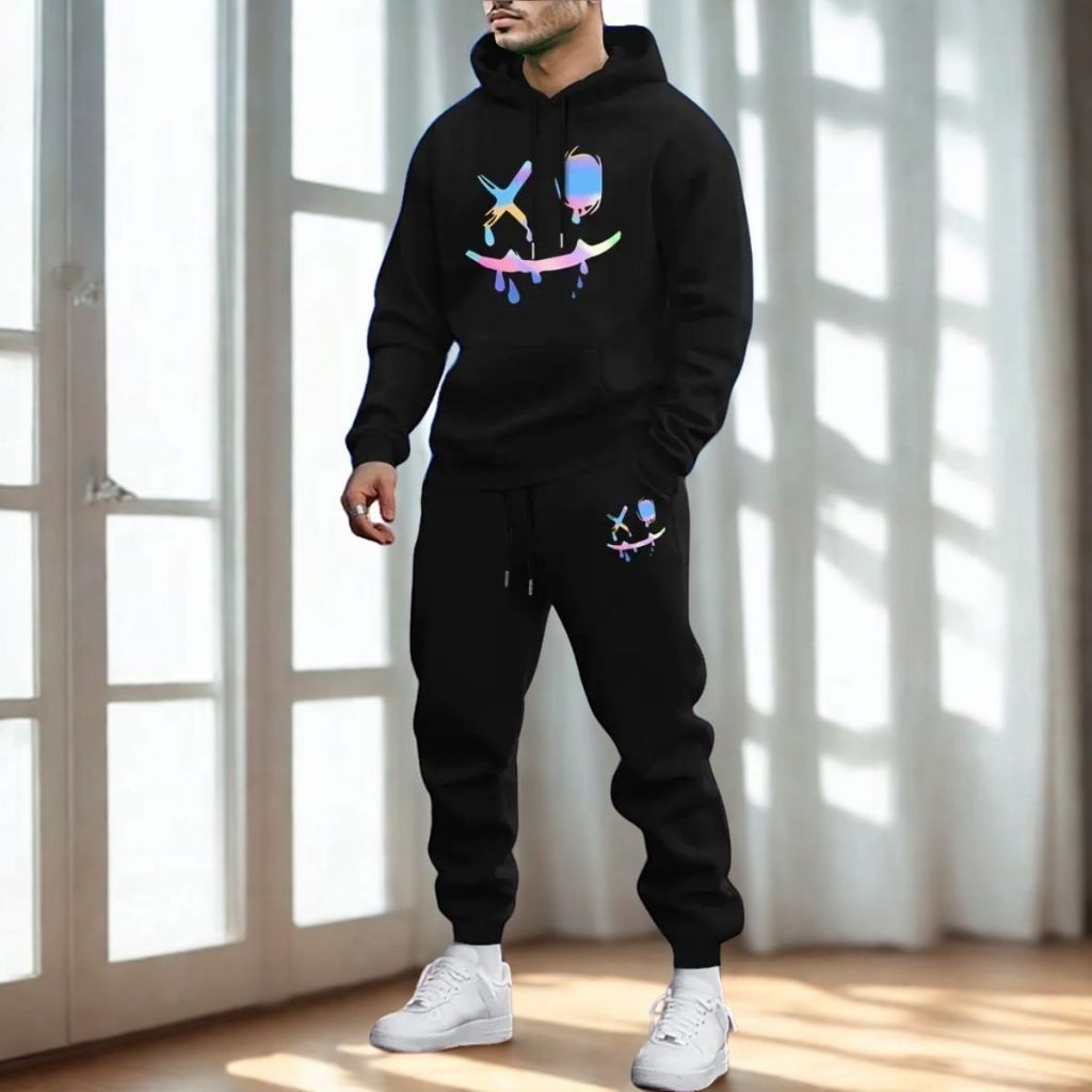 Conjunto Moletom Canguru + Calça Jogger Estilo Urbano Smile Sorriso Tecido Flanelado Confortável