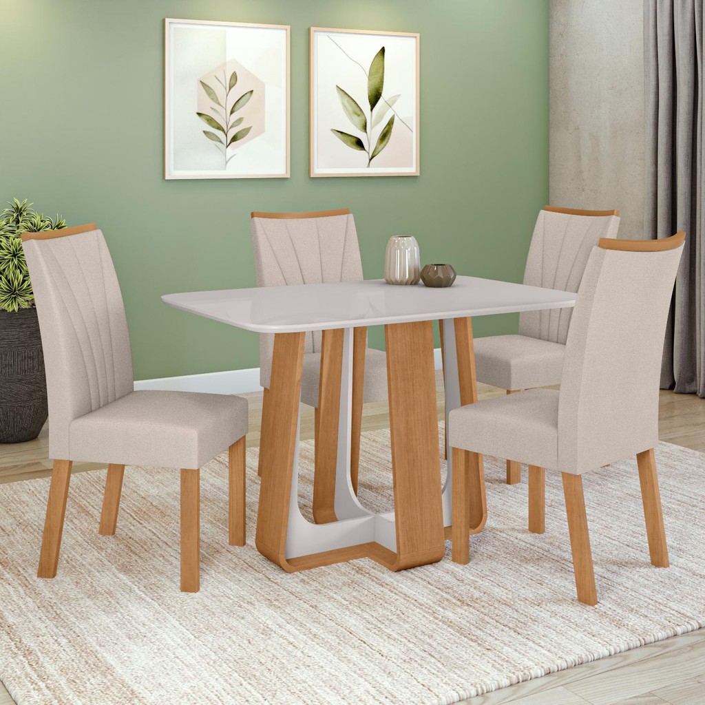 Conjunto Sala de Jantar Mesa Easy Pop 120x80cm Tampo Vidro/MDF com 4 Cadeiras Confort Boucle Bege Amendoa/off White em Oferta na Shopee