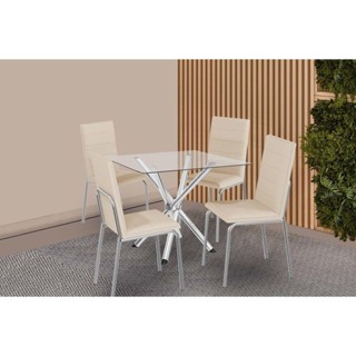 Sala de Jantar Completa Volga c/ Tampo de Vidro 90cm e 4 Cadeiras Amsterdã Cromada - Courano Bege - Kappesberg em Oferta na Shopee