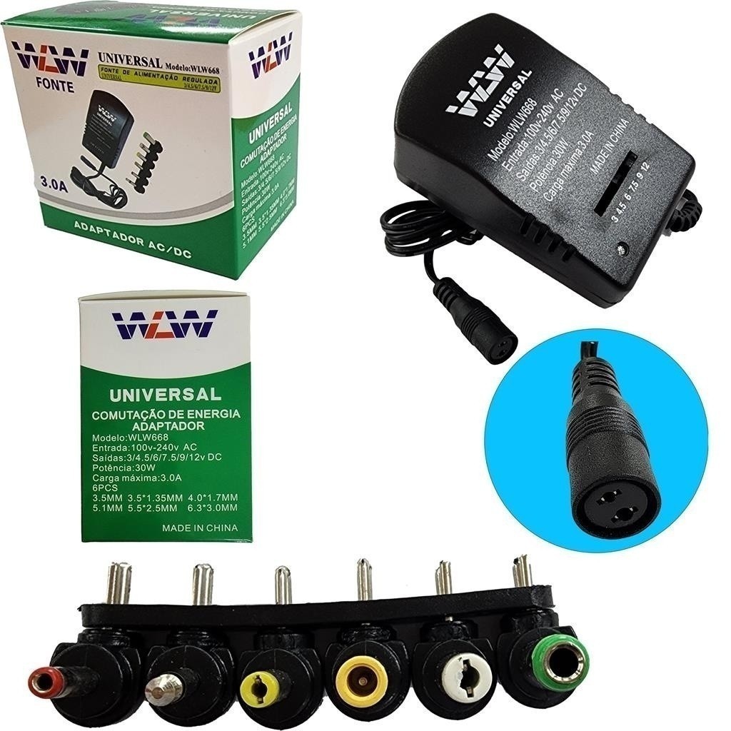 Fonte de Alimentacao Universal 3.0A Regulavel 6 Plugs 30W
