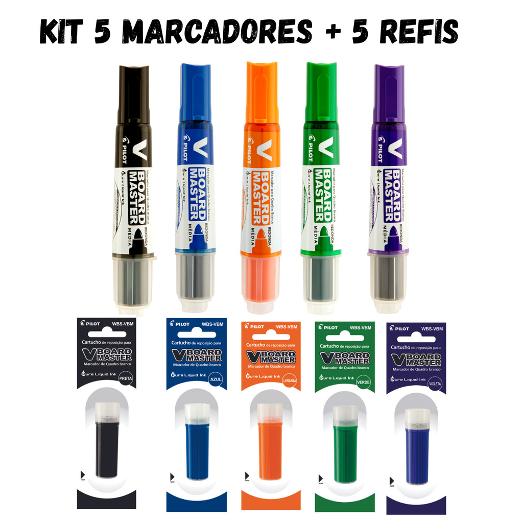 Kit com 5 Marcadores Para Quadro Branco + 5 Refis  Board Master - PILOT KITS:5
