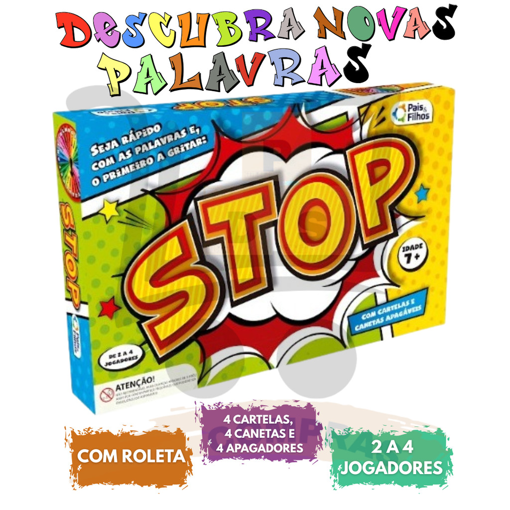 Jogo Educativo Stop Com 4 Cartelas Canetas Roleta E Apagador Brinquedo Infantil Pais E Filhos