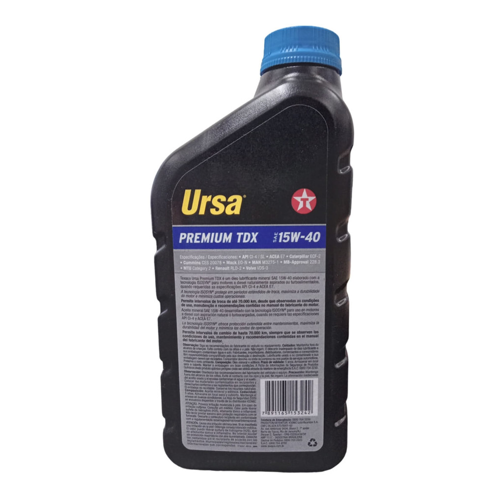 Detalhes do Óleo Lubrificante do Motor Texaco Ursa Premium TDX SAE 15W40 Mineral 1L para Motores a Diesel