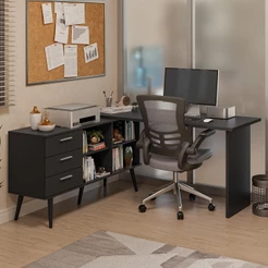 Mesa de Escritório em L 3 Gavetas Prreto Lisboa Madesa XA