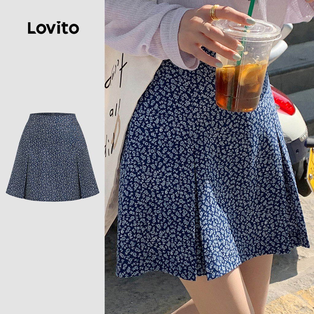 Lovito Casual Ditsy Floral Padrão Primavera/Verão Saias Azuis Para Mulheres L136AD298 em Oferta na Shopee