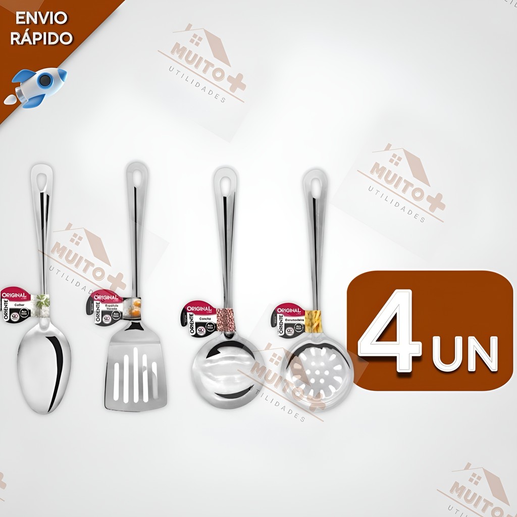 Utensilios para Cozinha INOX 4pçs - Espatula Escumadeira Colher de Arroz Concha Louça Comida Casa