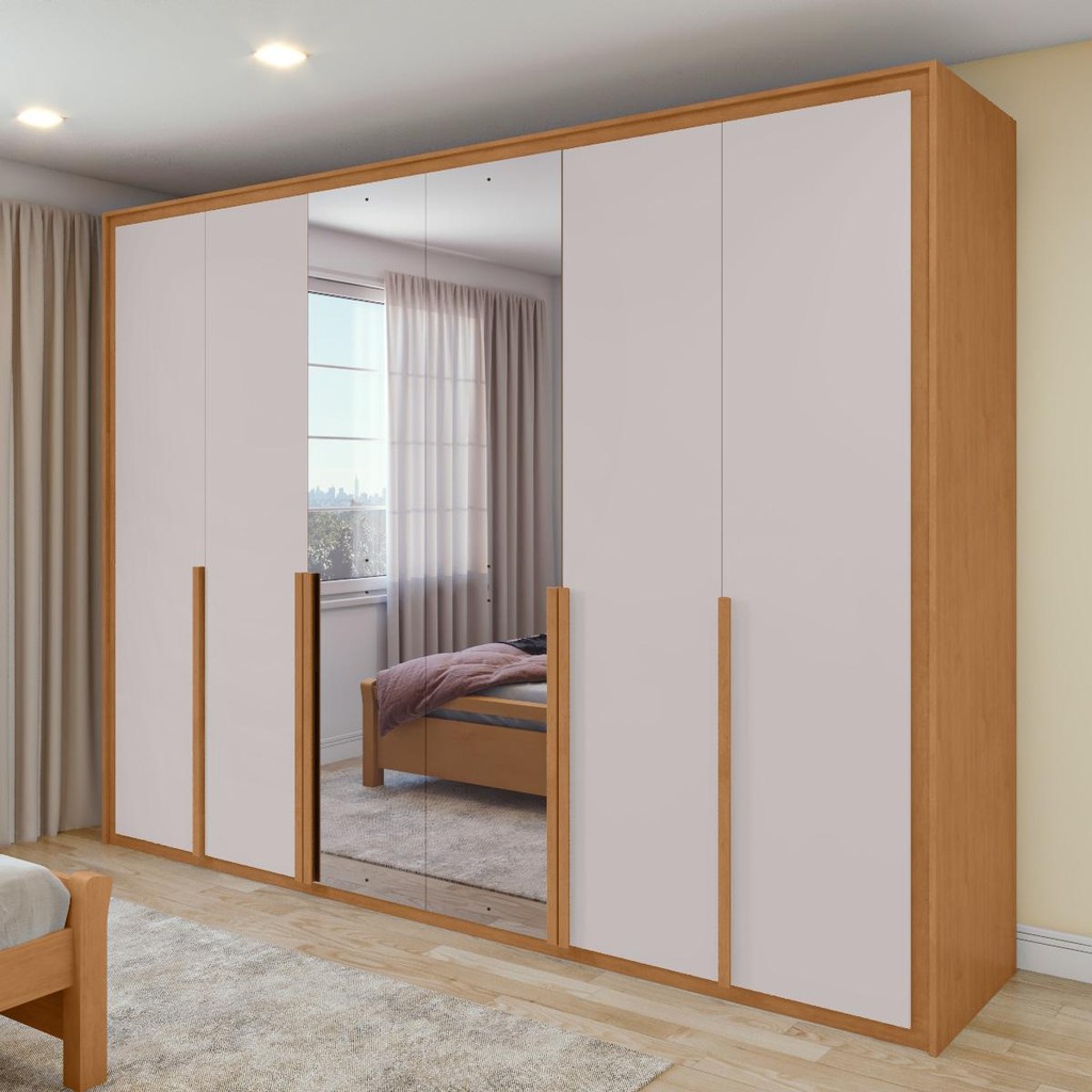 Guarda Roupa Casal 100% MDF 6 Portas Easy Space Com Espelho  Amendoa Clean/Off White -Lopas em Oferta na Shopee