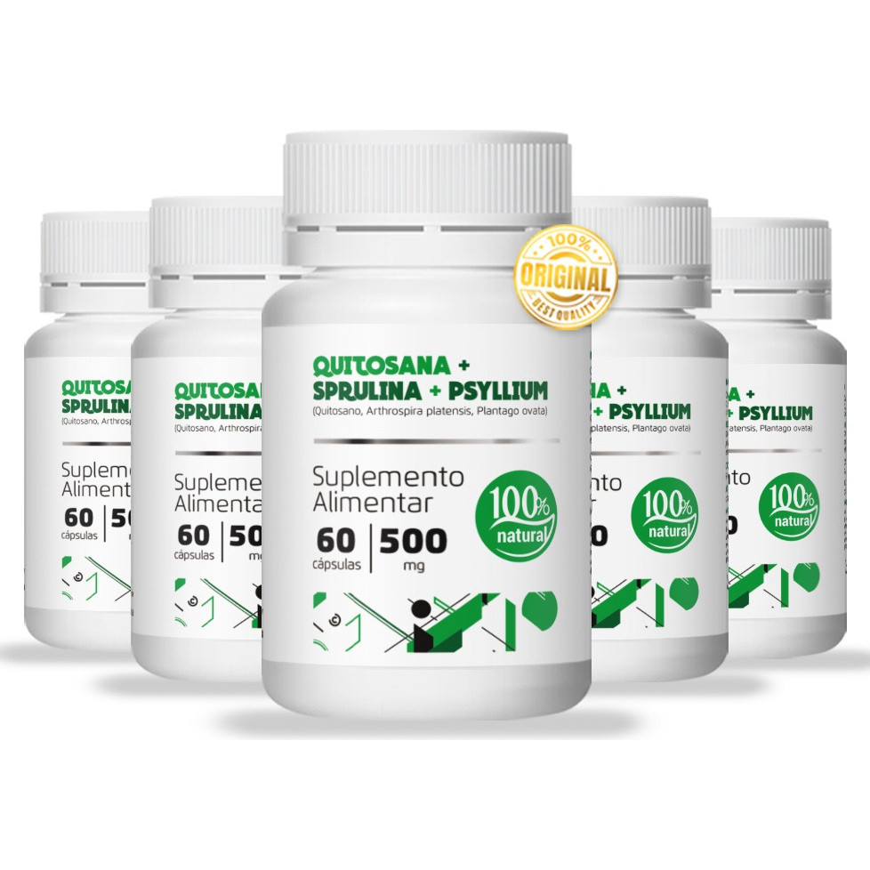Kit 5 Frascos Quitosana Spirulina Psyllium - 60 Cáps Cada.