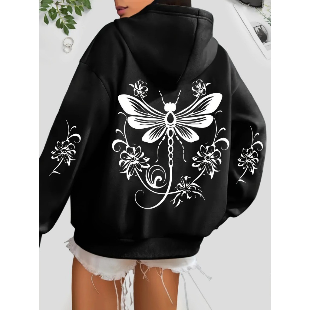 Moletom feminino canguru blusa de frio com capuz borboletas e flores Casaco agasalho algodão