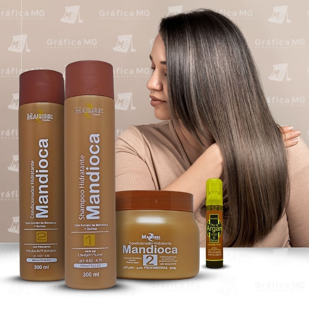 Kit Mandioca Hidratação e Recuperação Mairibel + Óleo Finalizador Argan (Shampoo, Cond, Máscara)