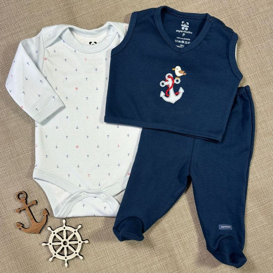 Conjunto Saída de Maternidade 100% algodão macio marinheiro navy 3p