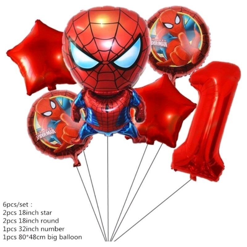 Kit c/6 balões metalizado homem aranha corpo mede 80 cm redondo estrela mede 45cm número mede 40 cm em Oferta na Shopee