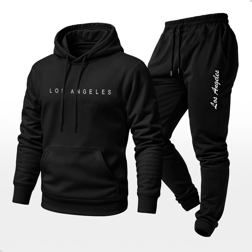 Conjunto Moletom Unissex Estampado Los Angeles Calça e Blusa Com Capuz Bolso Canguru Flanelado