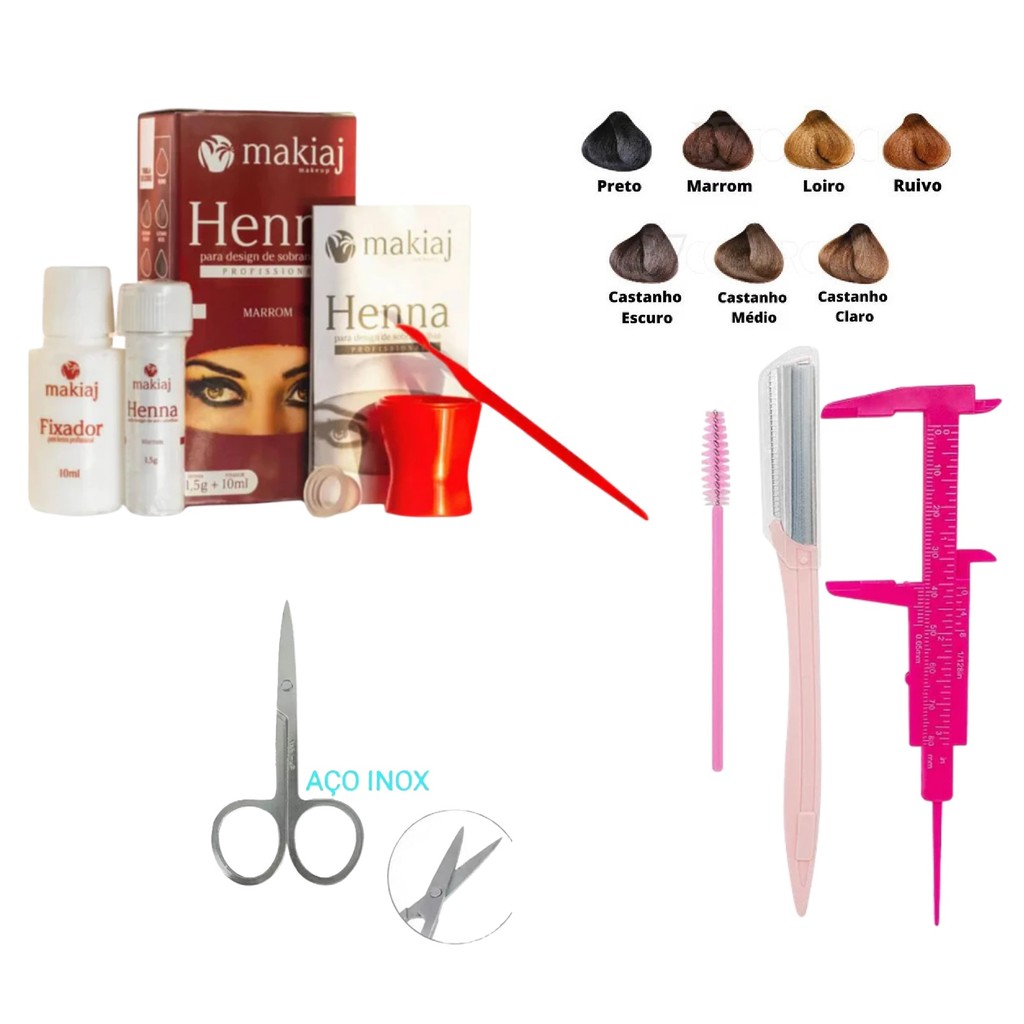 Henna de sobrancelhas e kit paquimetro e navalha para design de sobrancelhas e tesoura em Oferta na Shopee