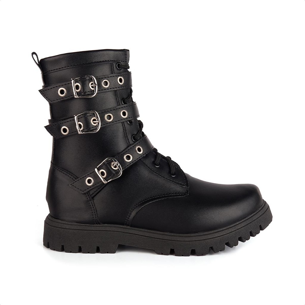 Coturno Infantil Cano Alto Fivelas Sola Tratorada Menina Fashion