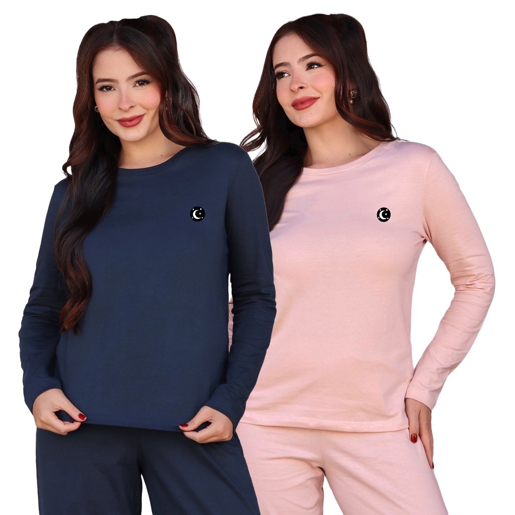Kit 2 Conjuntos Pijama Feminino Manga Longa Liso Adulto Confortável 100% Algodão